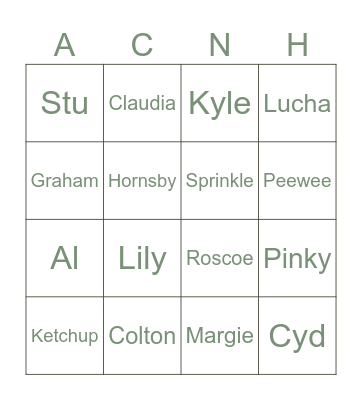 Animal Crossing Villager Bingo Card