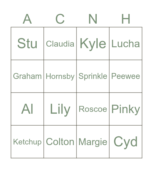 Animal Crossing Villager Bingo Card