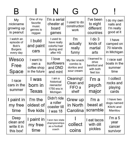 Wesco Get to Know Bingooooo Bingo Card