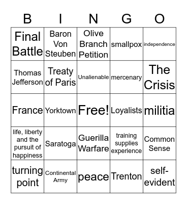 American Revolution Bingo Round 2 Bingo Card