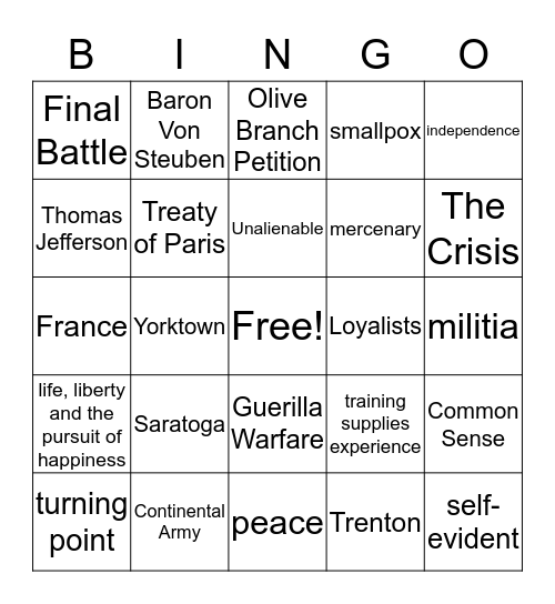 American Revolution Bingo Round 2 Bingo Card