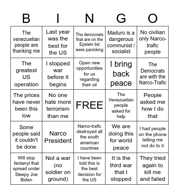 Trump Discours Bingo Card