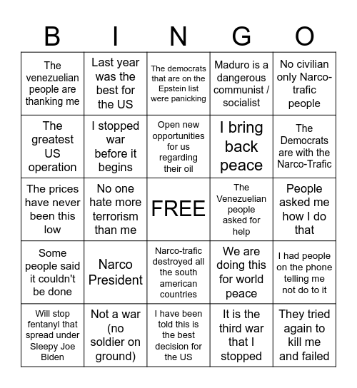 Trump Discours Bingo Card