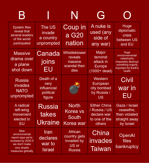 geopolitical crisis bingo and WWIII foreshadowing Bingo Card
