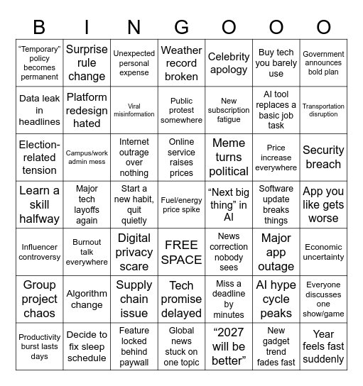 2026 Bingo Card Bingo Card