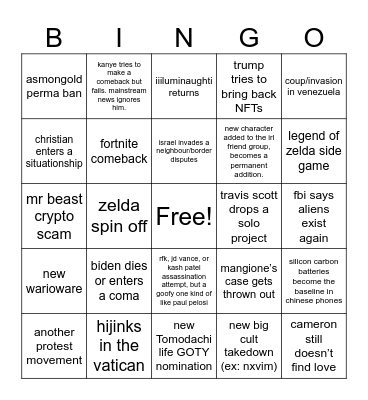 True 2026 Bingo Card