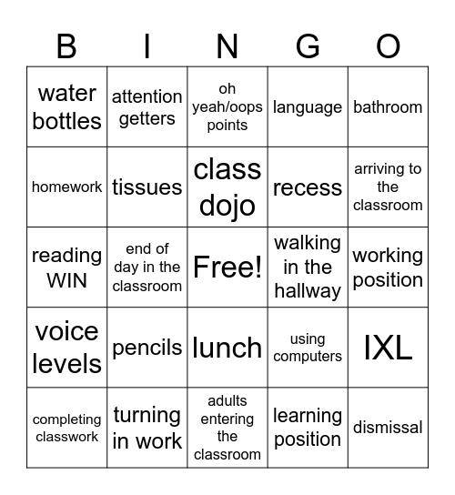 Classroom Reset! Bingo Card