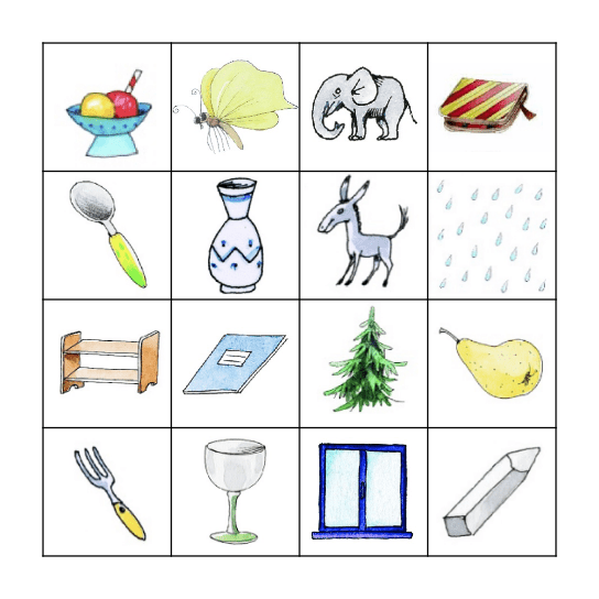 Wortschatz T, S, E Bingo Card