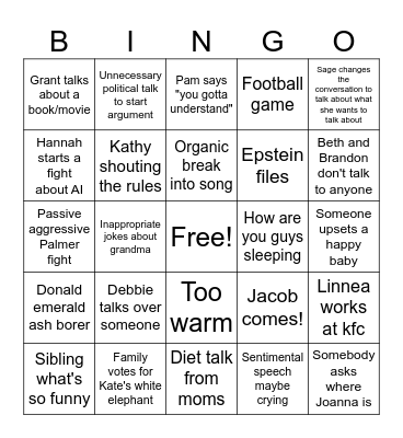 Gunther Family Christmas Bingo Card