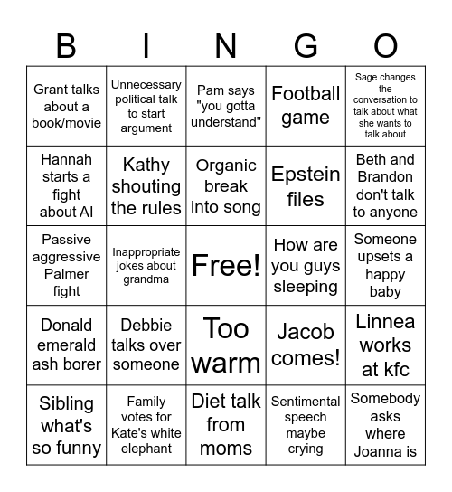 Gunther Family Christmas Bingo Card