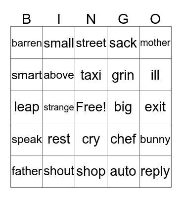 Synonym Bingo Card