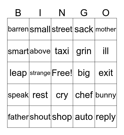 Synonym Bingo Card