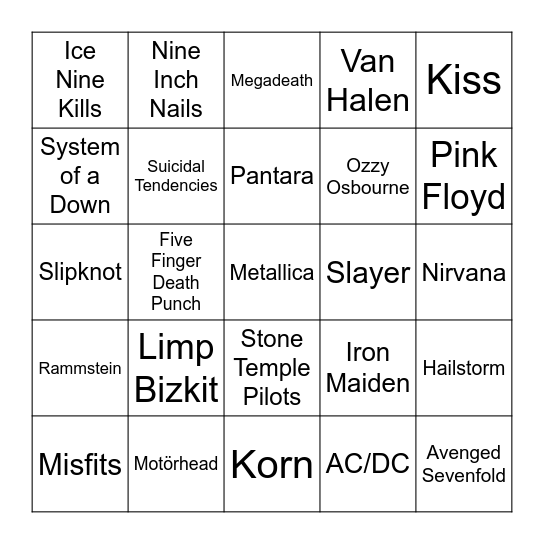 Rock Band Bingo Card