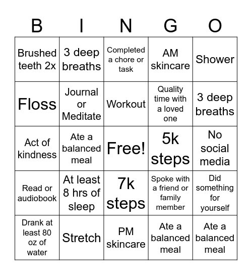 Wellness Bingo Card