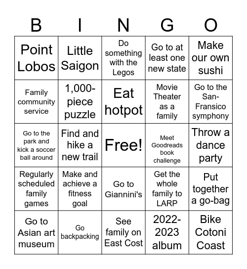 2026 Family Bingo Card