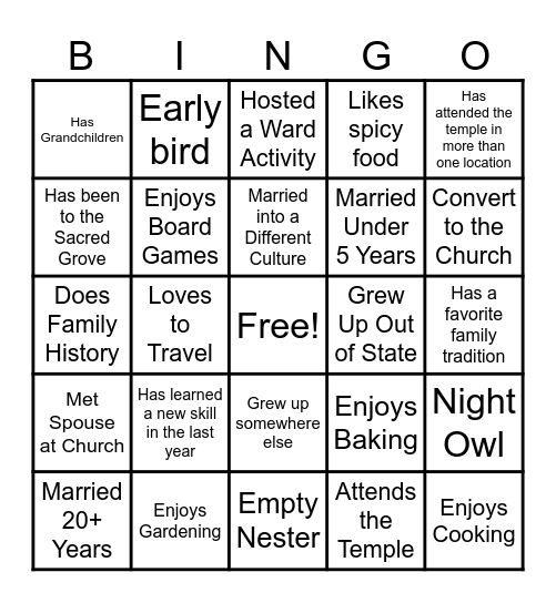 Get to Know Your Ward Bingo Card