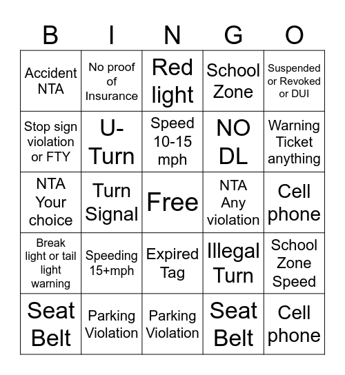 Traffic Stop Bingo Card