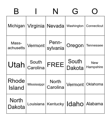 50 states Bingo Card