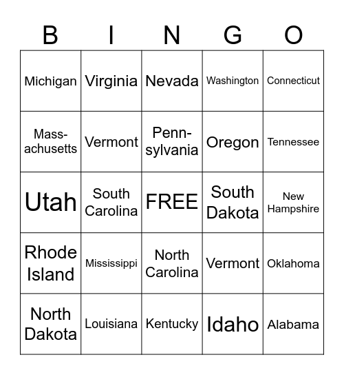 50 states Bingo Card