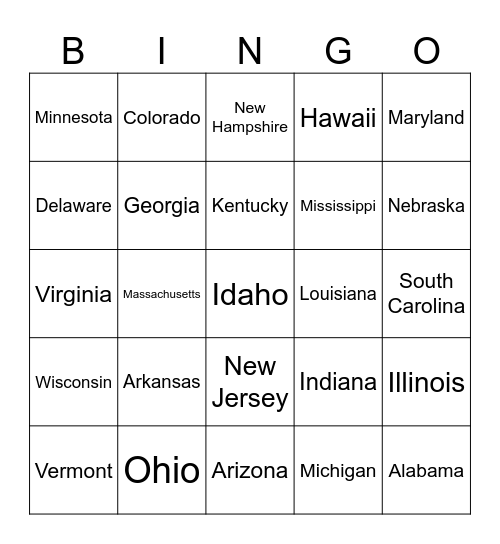 The 50 States Bingo Card