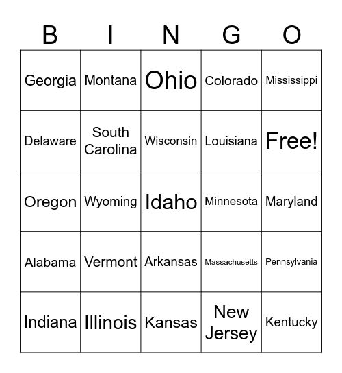 The 50 States Bingo Card