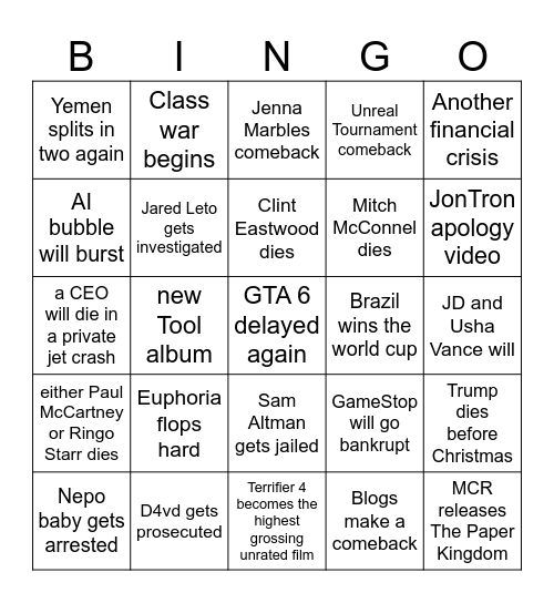 2026 predictions Bingo Card