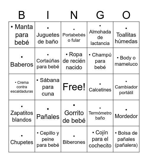 Baby Shower Bingo Card