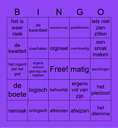 Woordenschat bingo thema 4 Bingo Card