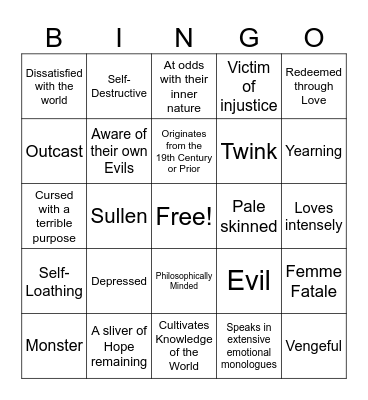 Kira Character Bingo Card