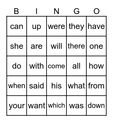 Heart Word Practice Bingo Card