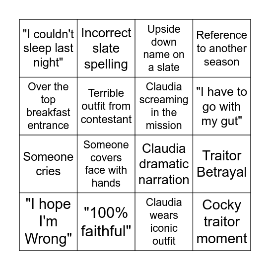 Twaytors Bingo Card