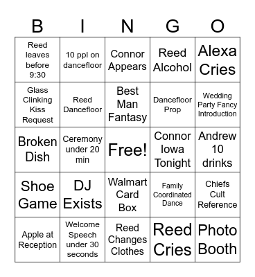 Reed’s Wedding Bingo Card