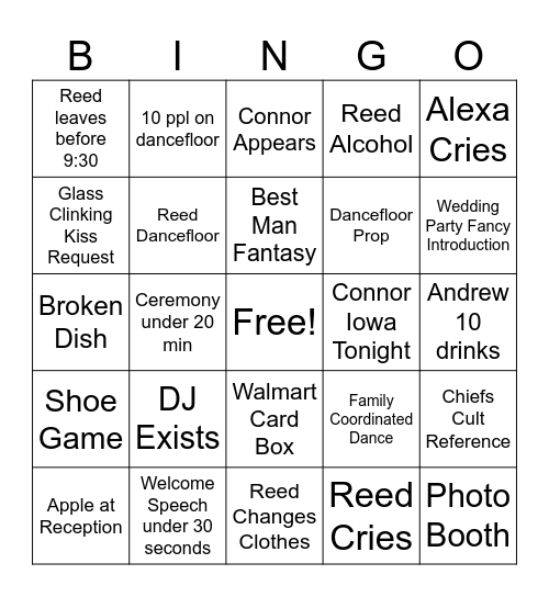 Reed’s Wedding Bingo Card