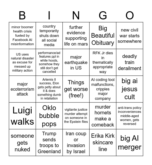 2026 Bingo Predictions Bingo Card