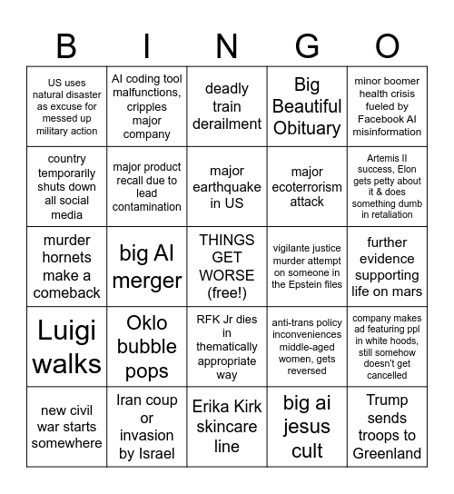 2026 Predictions Bingo Card