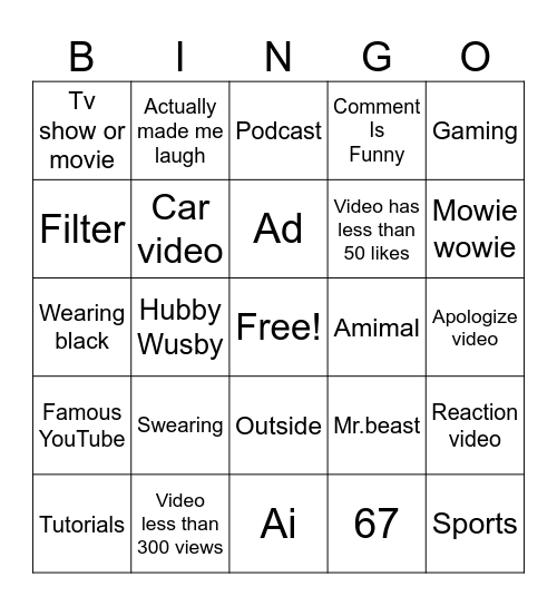 Youtube shorts Bingo Card