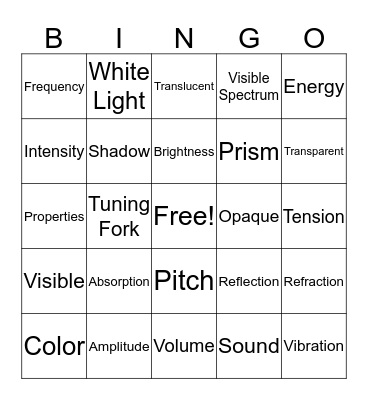 Light and Sound Vocabulary Bingo Card