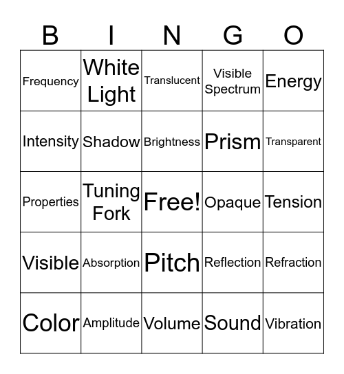 Light and Sound Vocabulary Bingo Card