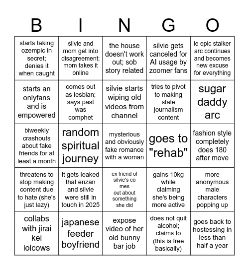 SilvieTheQueen aka Erica Diaz Bingo Card