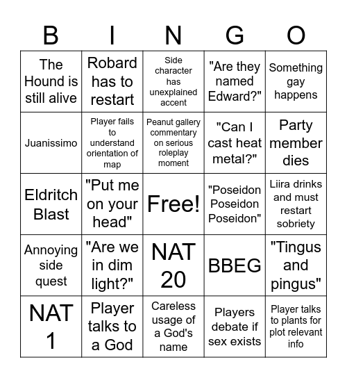 DND Session Bingo Card