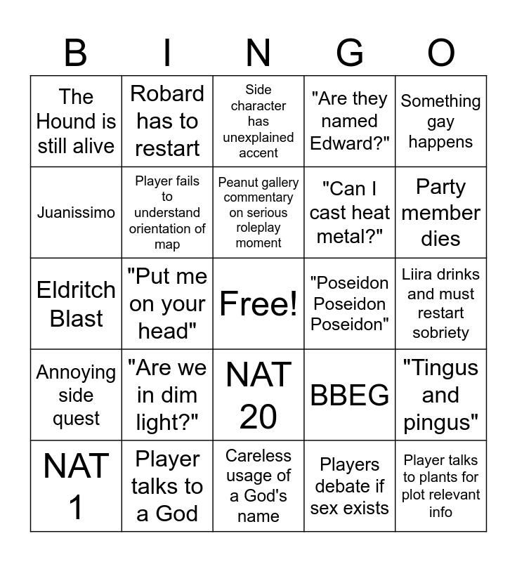 DND Session Bingo Card