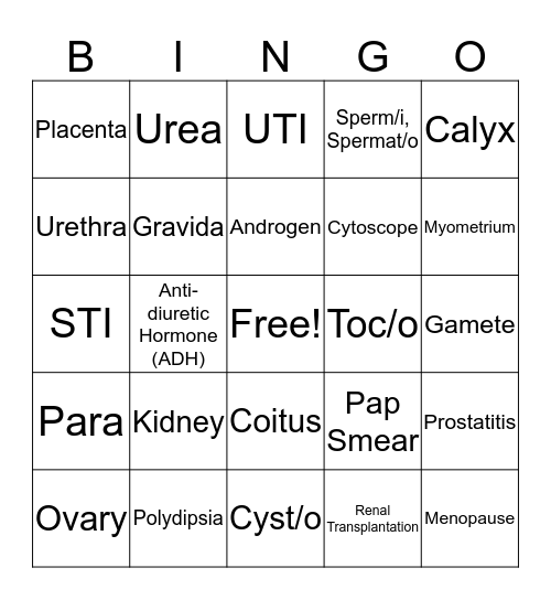 Reproductive/ Urinary Bingo Card