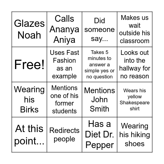 Moseley's Moves Bingo Card
