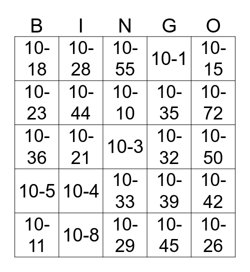 TEN CODE BINGO Card