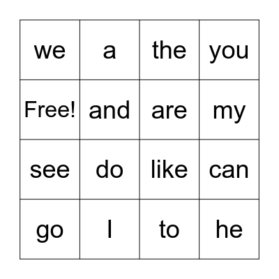 Sight Words 1 Bingo Card