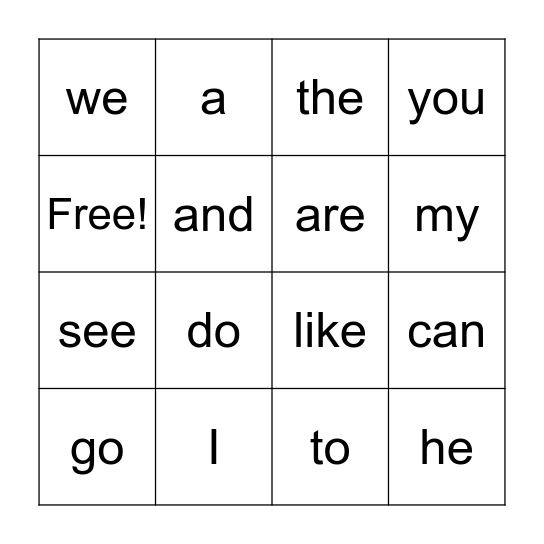 Sight Words 1 Bingo Card