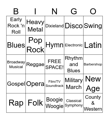 Music Styles Bingo Card
