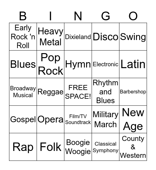 Music Styles Bingo Card