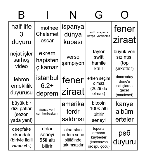 Aykut 2026 Bingo Card