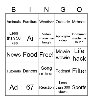 Youtube shorts bingo Card